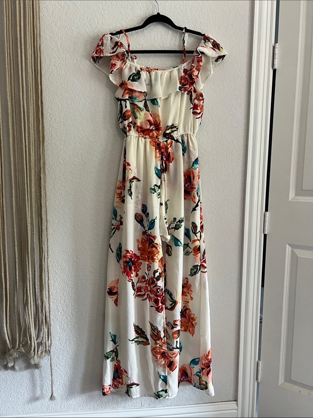 Love Reign Cream Floral Off-Shoulder Jumpsuit with Orange & Green Print